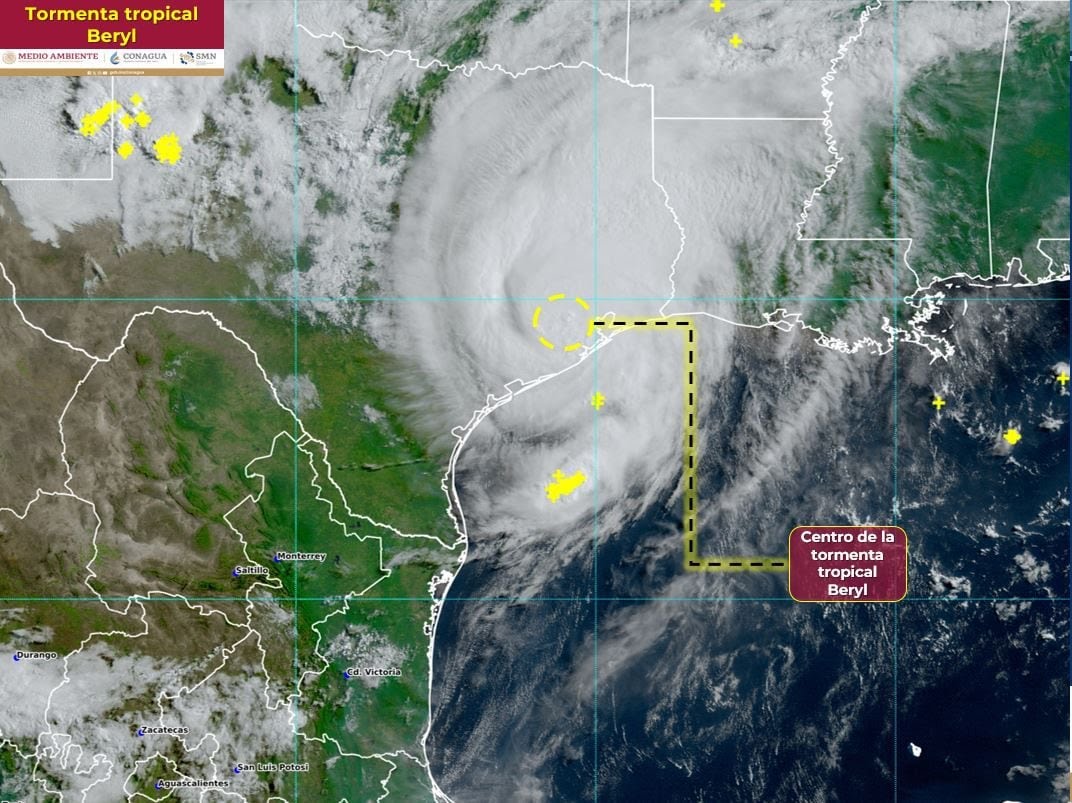 Beryl ya es tormenta tropical sobre Texas EE.UU. y aún causa lluvias en México